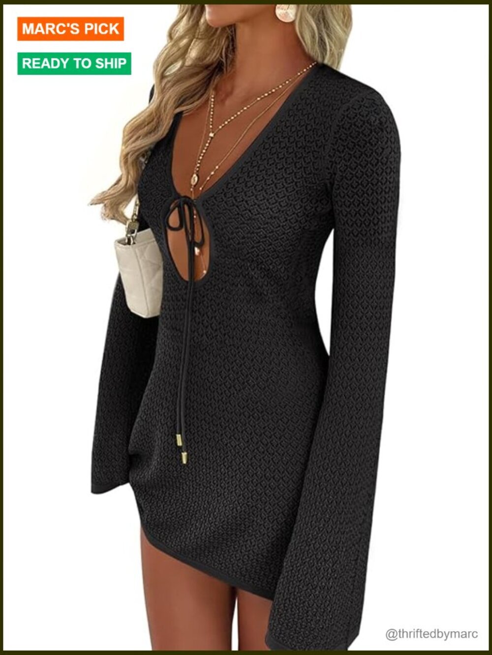 Long Sleeve Crochet Mesh Knit Beach Dress, Swimsuit Cover Up, V Neck